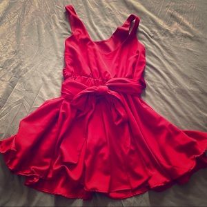 Short red dress with long wrap around belt/ribbon